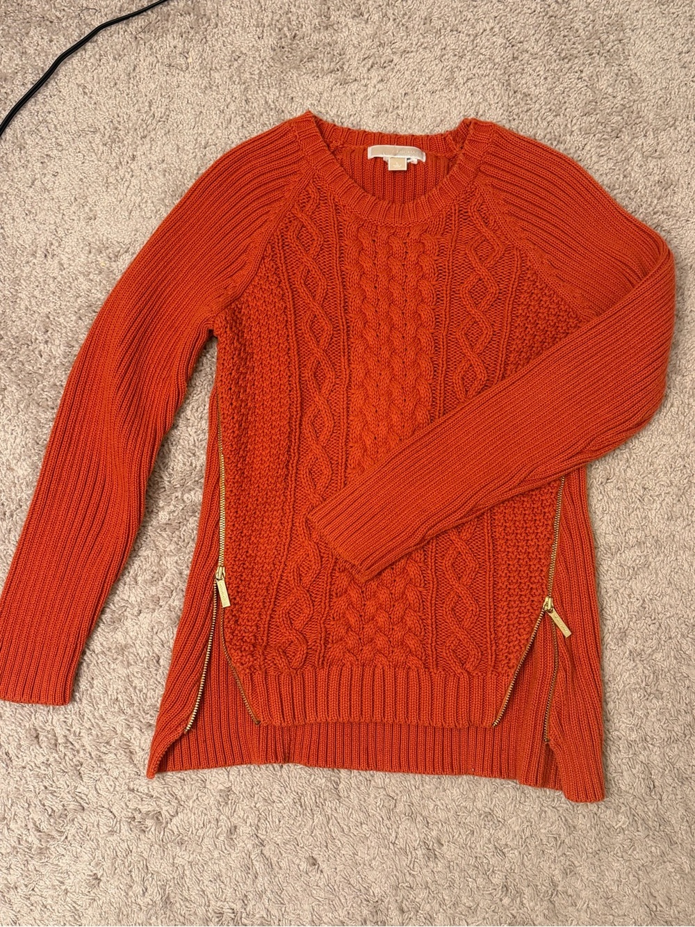 Michael Kors Orange Cable-Knit Crewneck Sweater with Gold Zips